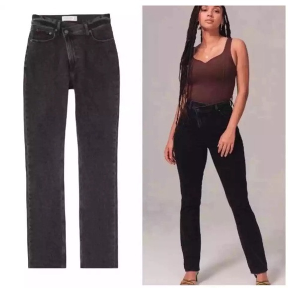 A&F The 90s Slim Straight Ultra Rise Black Jeans Crossover Waist Size 4l